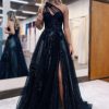 Homrain A Line One Shoulder Long Prom Dress With Appliques | Black Prom Dresses