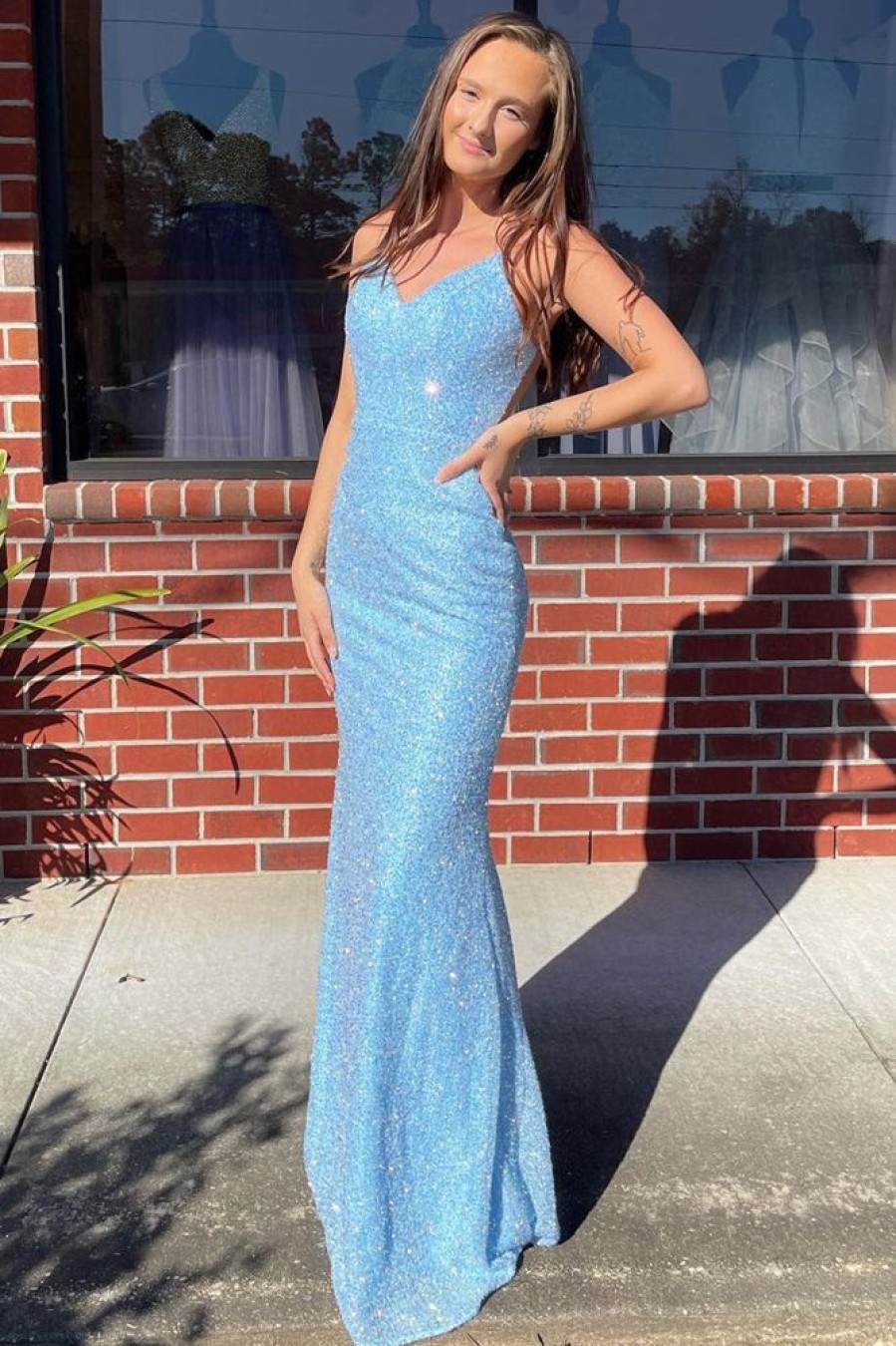 Homrain Sequins Backless Mermaid Prom Dress | Blue Prom Dresses