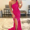 Homrain Mermaid One Shoulder Fuchsia Sequins Prom Dress With Slit | Hot Pink Prom Dresses