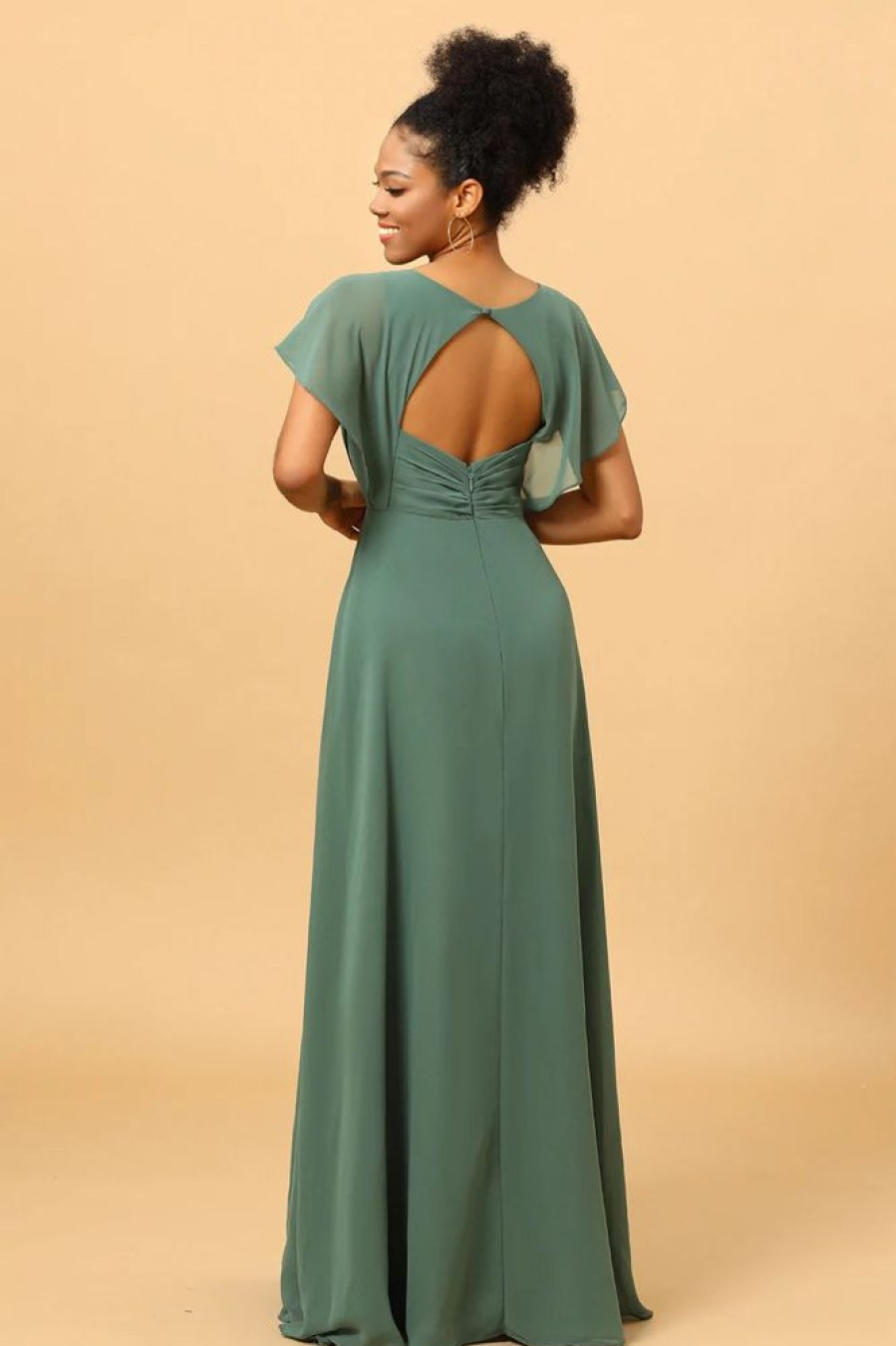 Homrain Chiffon A-Line Green Bridesmaid Dress With Slit | Bridesmaid Dress Under 100