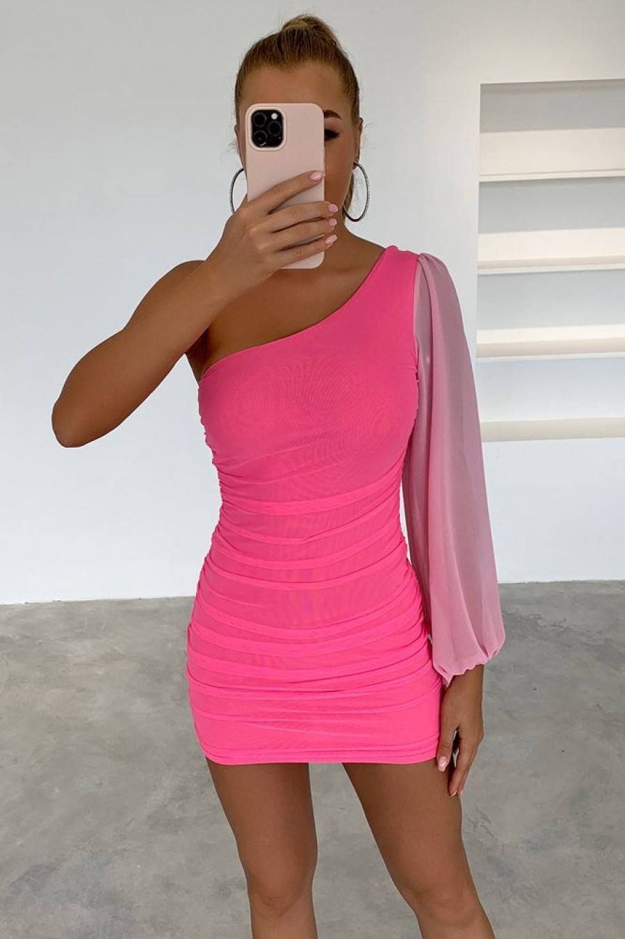 Homrain Hot Pink One Shoulder Tight Homecoming Dress With Sleeves | Hot Pink Hoco Dresses