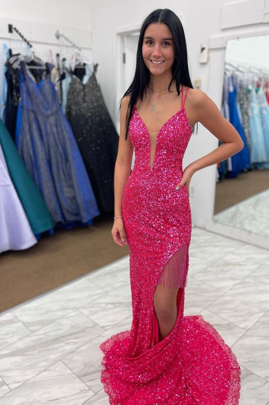 Homrain Sequins Mermaid Prom Dress With Fringes | Hot Pink Prom Dresses