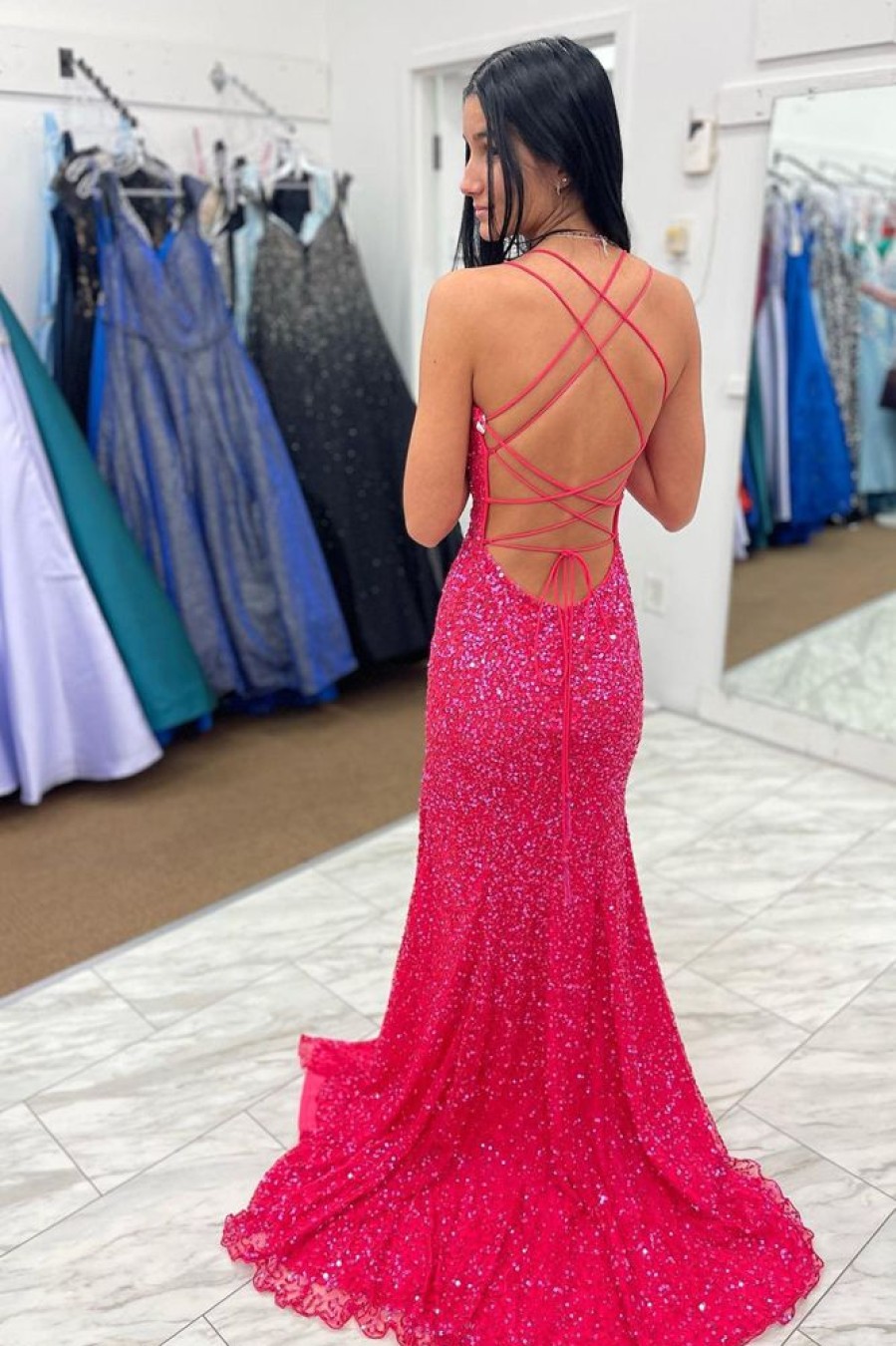 Homrain Sequins Mermaid Prom Dress With Fringes | Hot Pink Prom Dresses