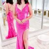 Homrain Hot Pink V-Neck Sequins Prom Dress With Slit | Hot Pink Prom Dresses