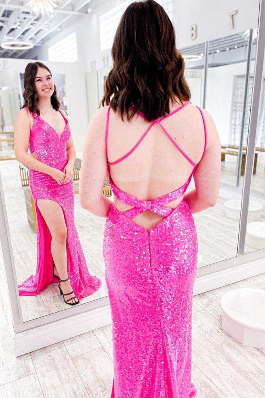 Homrain Hot Pink V-Neck Sequins Prom Dress With Slit | Hot Pink Prom Dresses