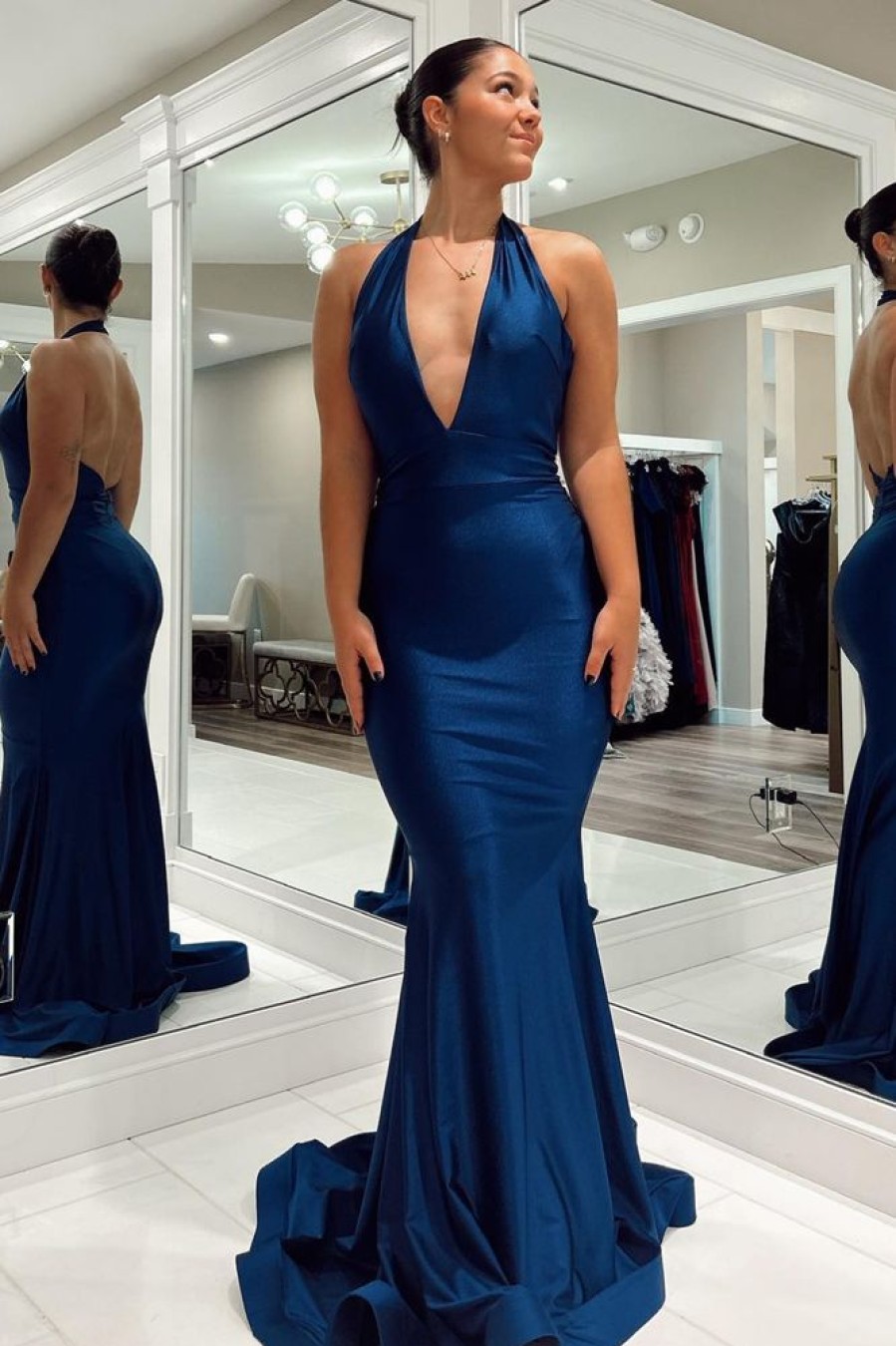 Homrain Mermaid Backless Long Prom Dress | Blue Prom Dresses