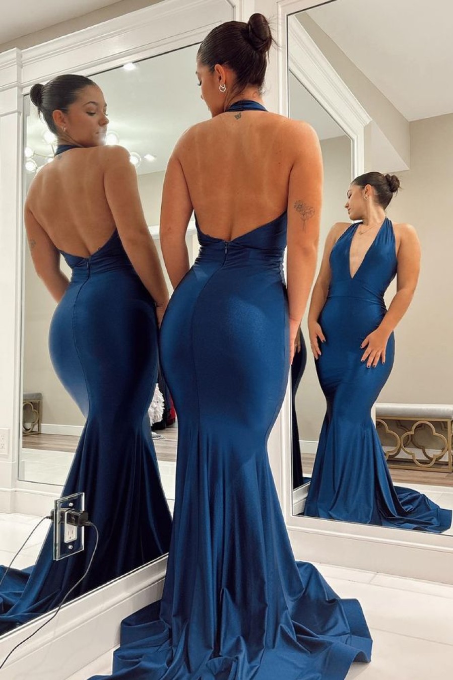 Homrain Mermaid Backless Long Prom Dress | Blue Prom Dresses