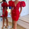 Homrain Sparkly Puff Sleeves Tight Short Homecoming Dress With Beading | Red Hoco Dresses