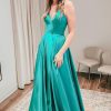 Homrain Simple A Line Spaghetti Straps Long Prom Dress With Slit | Green Prom Dresses