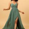 Homrain A Line Spaghetti Straps Eucalyptus Long Bridesmaid Dress With Split Front | Boho Bridesmaid Dresses