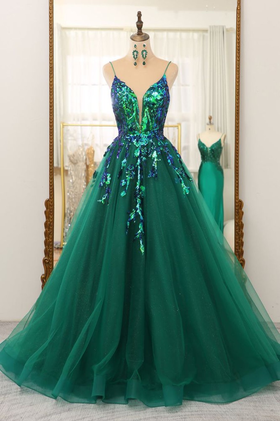 Homrain Sparkly A Line Tulle Long Prom Dress With Sequined Appliques | Green Prom Dresses