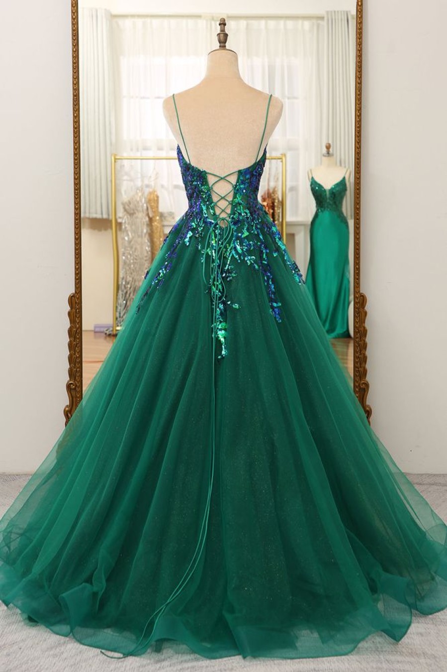 Homrain Sparkly A Line Tulle Long Prom Dress With Sequined Appliques | Green Prom Dresses