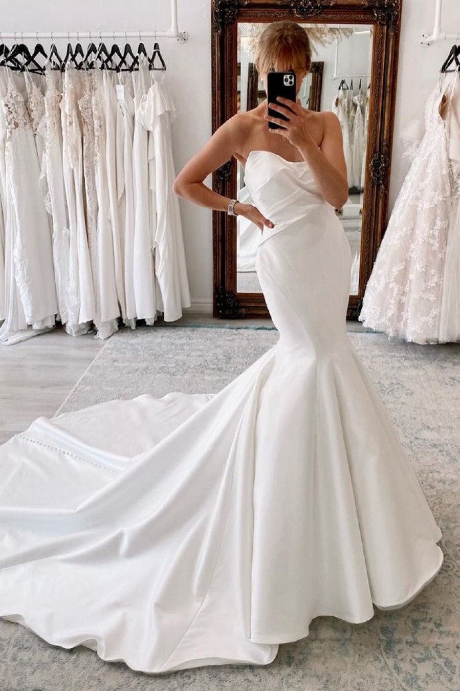 Homrain Strapless Satin Long Mermaid Wedding Dress | Mermaid Wedding Dresses