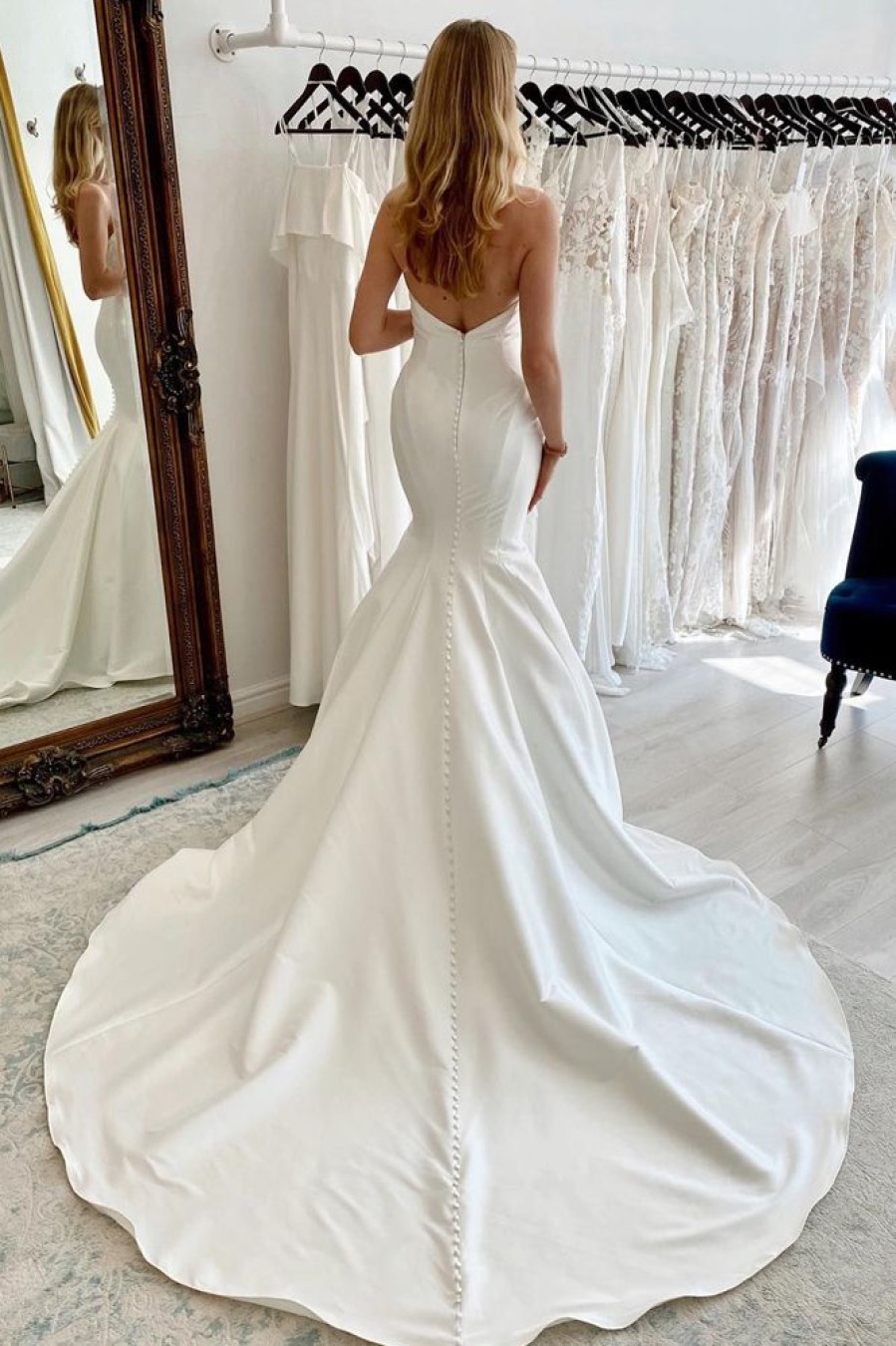 Homrain Strapless Satin Long Mermaid Wedding Dress | Mermaid Wedding Dresses