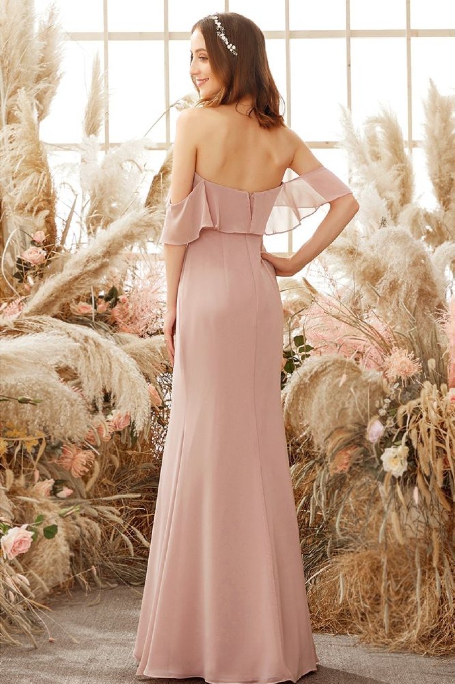 Homrain Elegant Off The Shoulder Chiffon Bridesmaid Dress | Dusty Rose Bridesmaid Dress