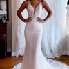 Homrain Sparkly Mermaid Lace Backless Sweep Train Long Wedding Dress | Beach Wedding Dresses