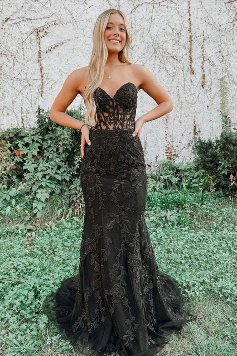 Homrain Strapless Prom Dress With Appliques | Black Prom Dresses