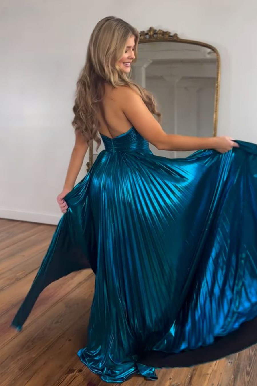 Homrain Glitter Halter Cut Out Backless Metallic Long Prom Dress With Slit | Blue Prom Dresses