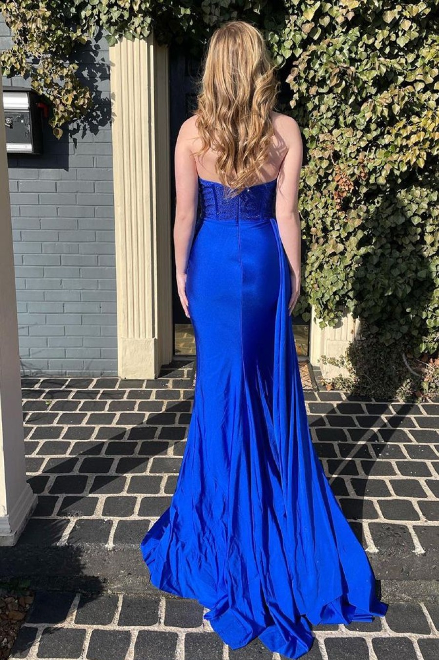 Homrain Strapless Sequins Prom Dress With Slit | Blue Prom Dresses