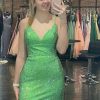 Homrain Sparkly Mermaid Spaghetti Straps Long Prom Dress With Slit | Green Prom Dresses