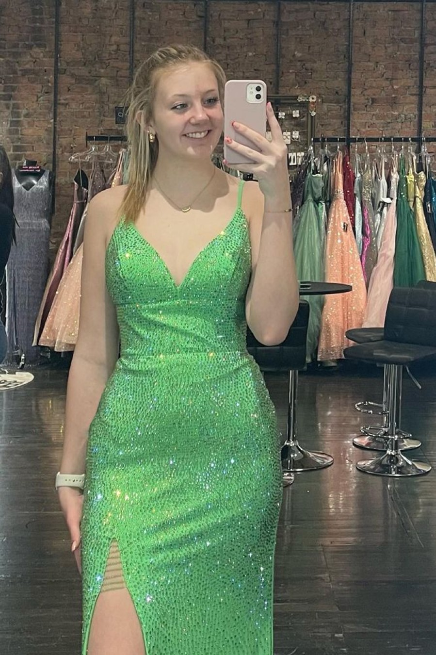 Homrain Sparkly Mermaid Spaghetti Straps Long Prom Dress With Slit | Green Prom Dresses