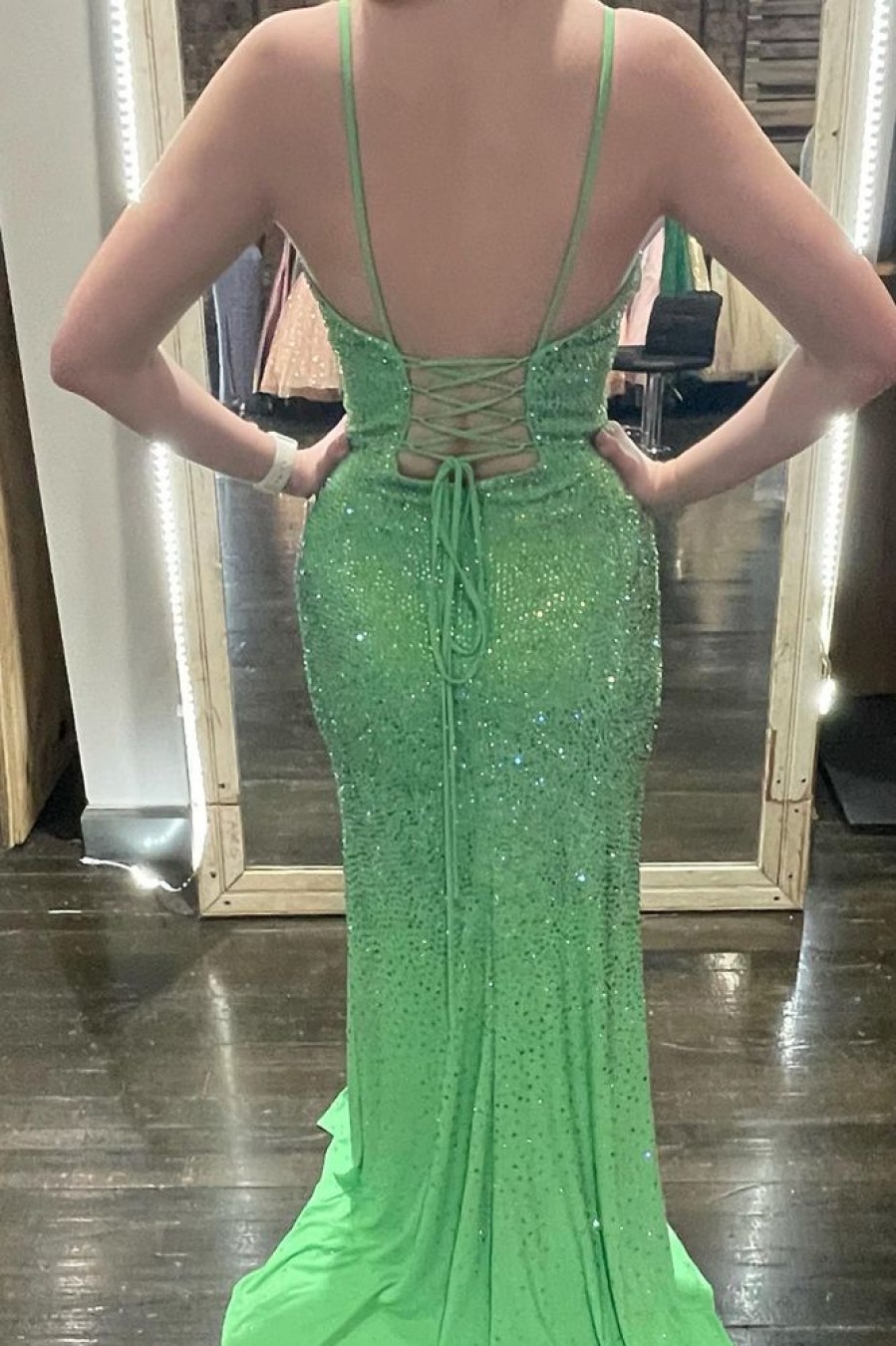 Homrain Sparkly Mermaid Spaghetti Straps Long Prom Dress With Slit | Green Prom Dresses