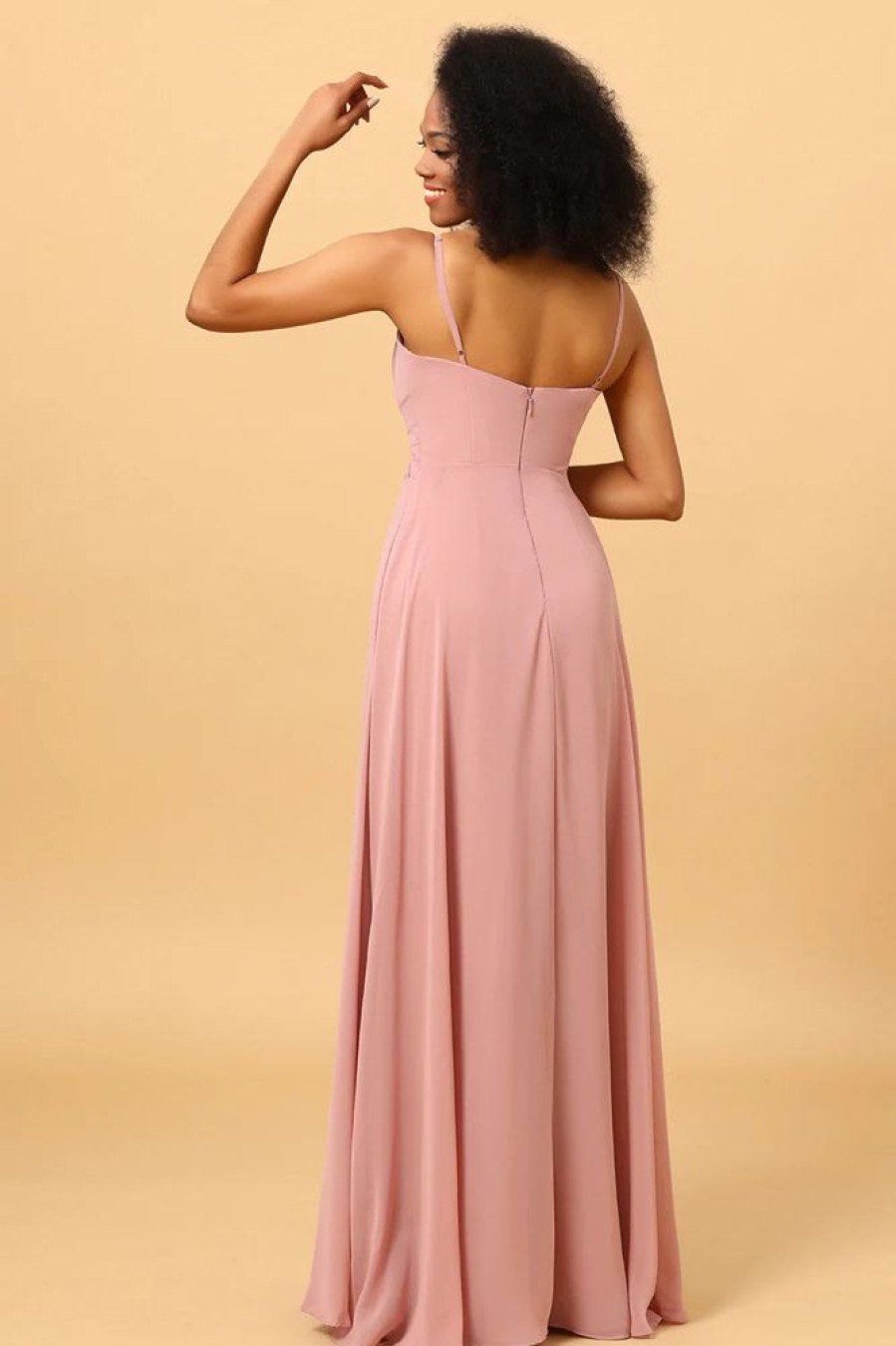 Homrain A Line Spaghetti Straps Long Bridesmaid Dress With Split Front | Dusty Rose Bridesmaid Dress