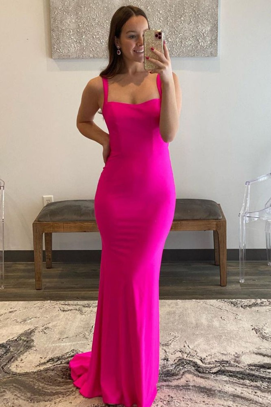 Homrain Hot Pink Satin Mermaid Prom Dress | Hot Pink Prom Dresses