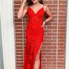 Homrain Spaghetti Straps Long Prom Dress With Appliques | Red Prom Dresses