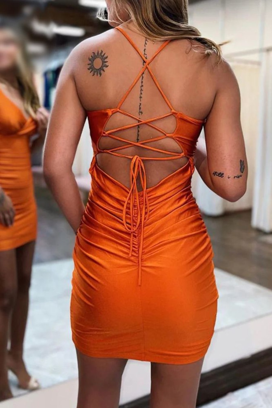 Homrain Lace-Up Back Spaghetti Straps Tight Short Homecoming Dress | Orange Hoco Dresses