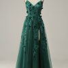 Homrain A Line Tulle Prom Dress With Slit | Green Prom Dresses