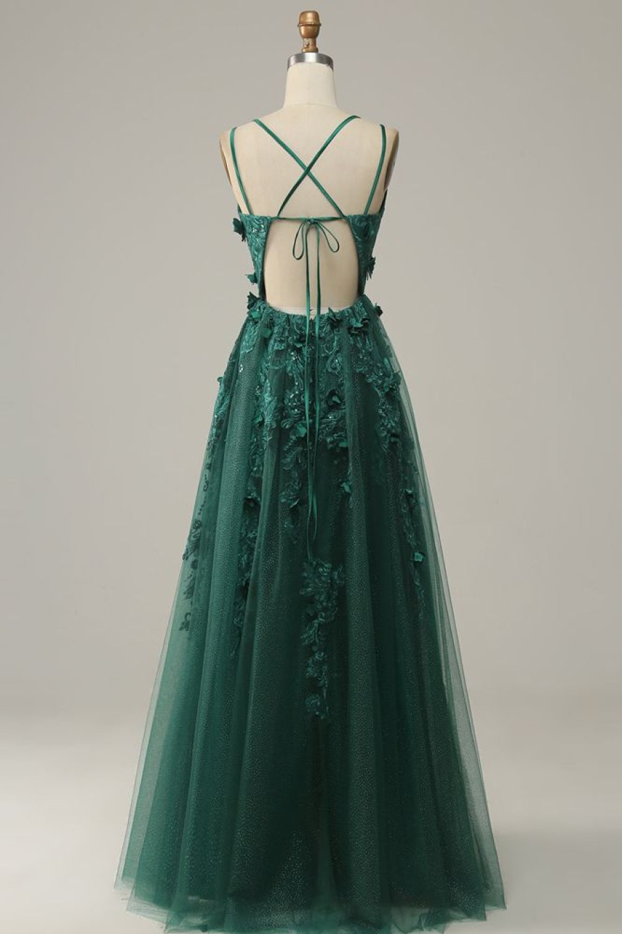 Homrain A Line Tulle Prom Dress With Slit | Green Prom Dresses