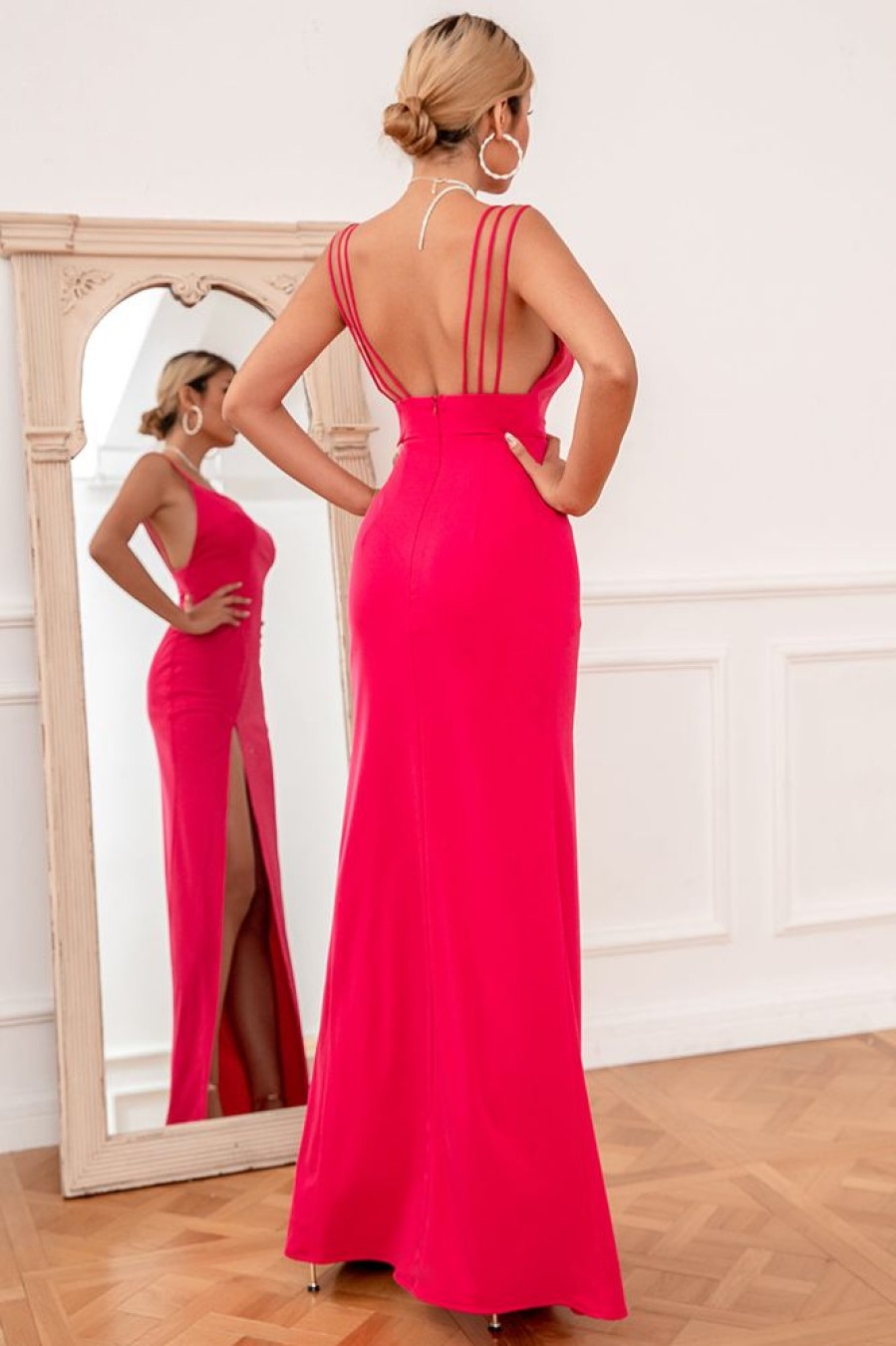 Homrain Sheath Spaghetti Straps Long Prom Dress With Split Front | Hot Pink Prom Dresses