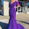 Homrain Mermaid Off The Shoulder Sequins Cut Out Prom Dress With Feathers | Purple Prom Dresses