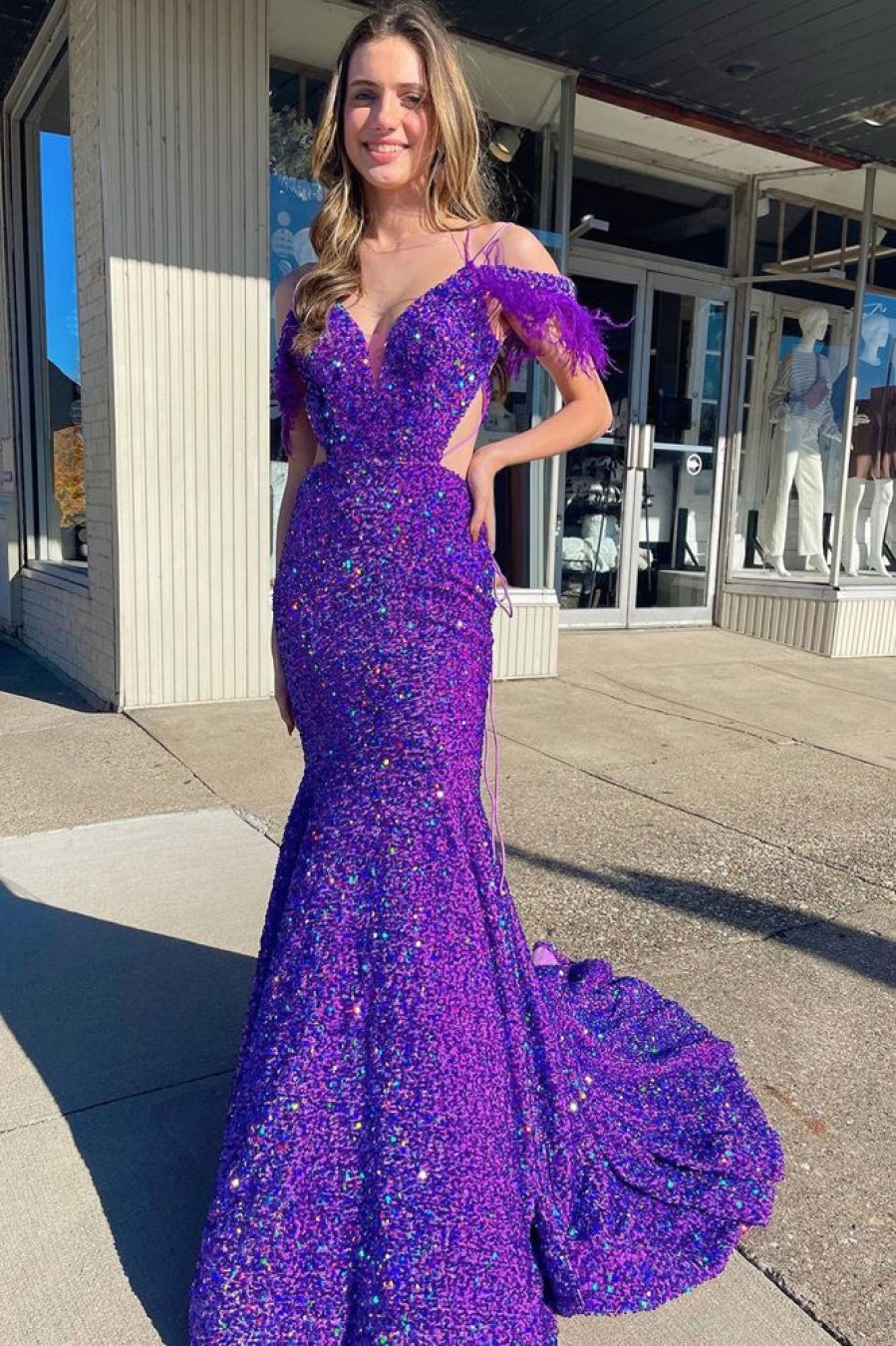 Homrain Mermaid Off The Shoulder Sequins Cut Out Prom Dress With Feathers | Purple Prom Dresses