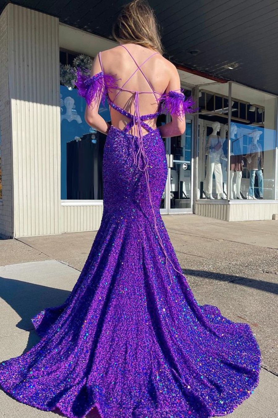 Homrain Mermaid Off The Shoulder Sequins Cut Out Prom Dress With Feathers | Purple Prom Dresses