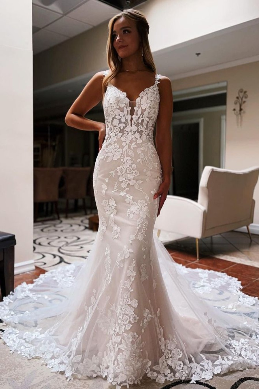 Homrain Backless Lace Mermaid Long Wedding Dress | Mermaid Wedding Dresses