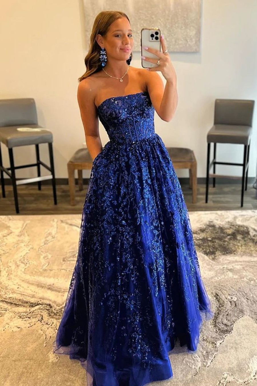 Homrain Sparkly Long Prom Dress With Pockets | Blue Prom Dresses