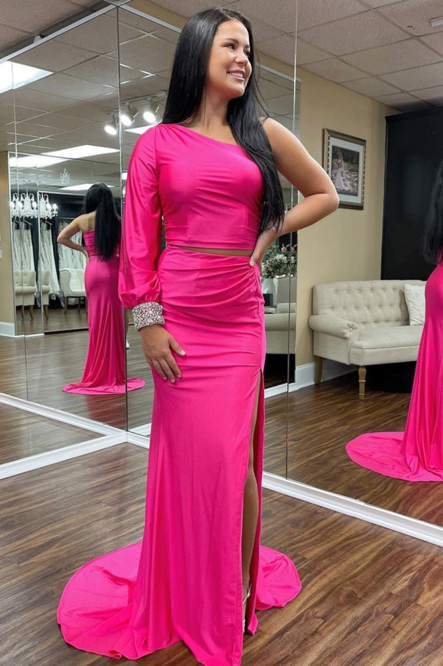 Homrain Two Pieces One Shoulder Mermaid Prom Dress With Slit | Hot Pink Prom Dresses