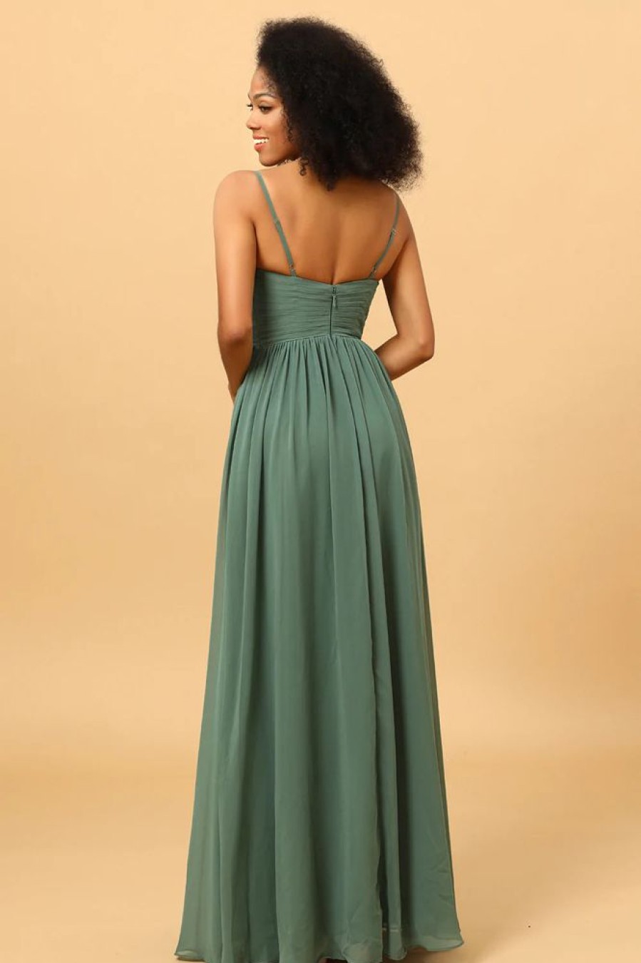 Homrain A Line Spaghetti Straps Eucalyptus Long Bridesmaid Dress With Split Front | Bridesmaid Dresses