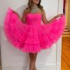 Homrain A-Line Sweetheart Tulle Tiered Corset Short Homecoming Dress | Hot Pink Hoco Dresses