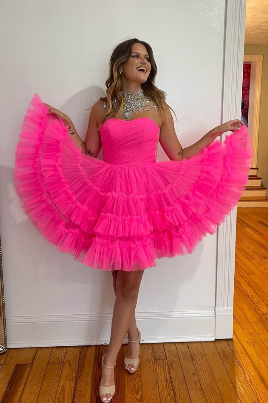 Homrain A-Line Sweetheart Tulle Tiered Corset Short Homecoming Dress | Hot Pink Hoco Dresses