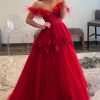 Homrain A-Line Corset Long Prom Dress With 3D Flowers | Red Prom Dresses