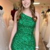 Homrain Sparkly Sequined One Shoulder Tight Short Homecoming Dress | Green Hoco Dresses