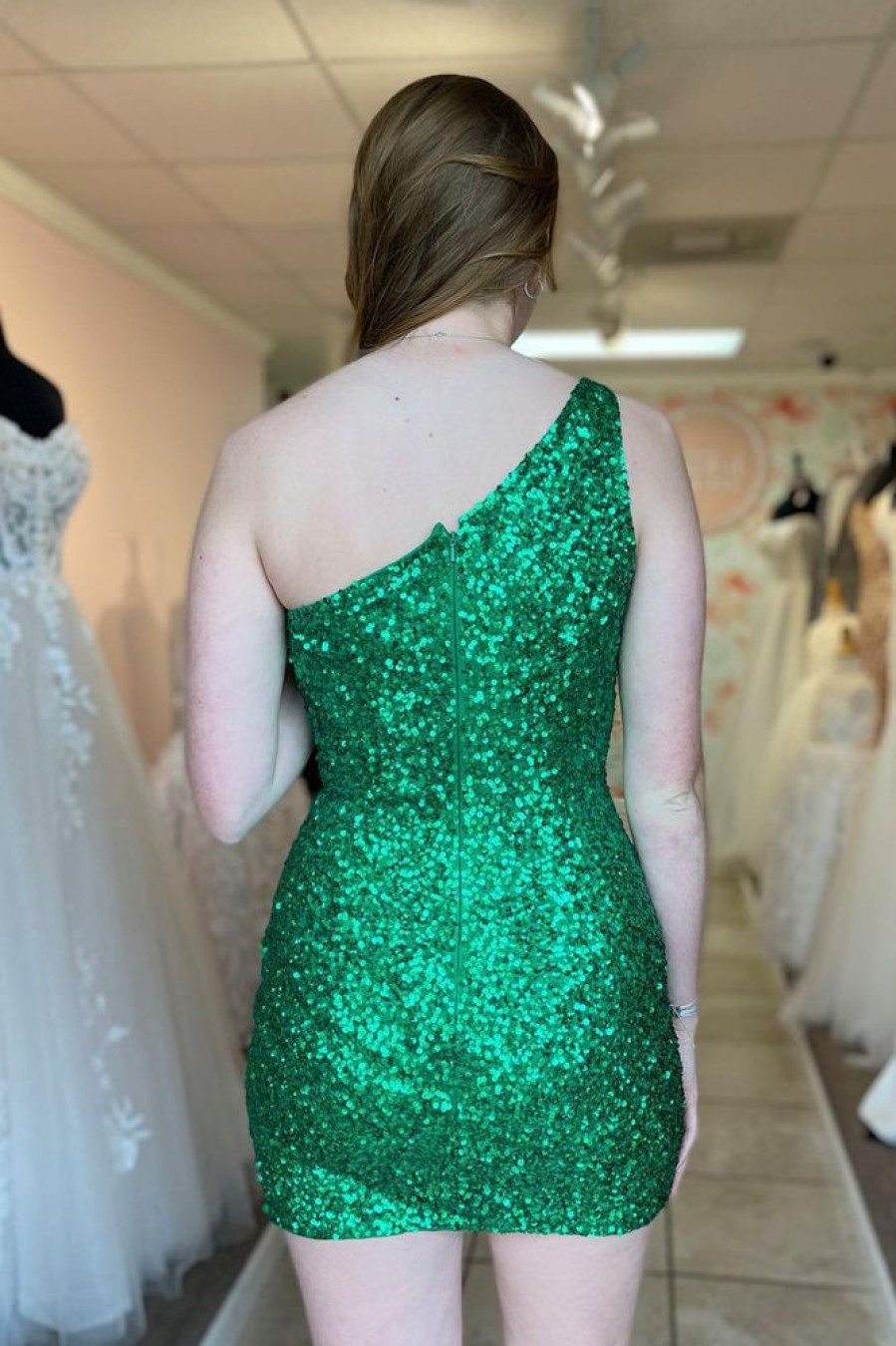 Homrain Sparkly Sequined One Shoulder Tight Short Homecoming Dress | Green Hoco Dresses