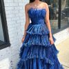 Homrain A-Line Tiered Strapless Organza Long Prom Dress | Blue Prom Dresses