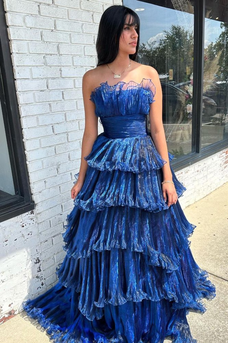 Homrain A-Line Tiered Strapless Organza Long Prom Dress | Blue Prom Dresses