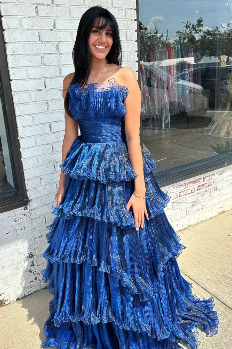 Homrain A-Line Tiered Strapless Organza Long Prom Dress | Blue Prom Dresses