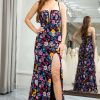 Homrain Black Flower Appliqued Spaghetti Straps Long Prom Dress With Slit | Black Prom Dresses