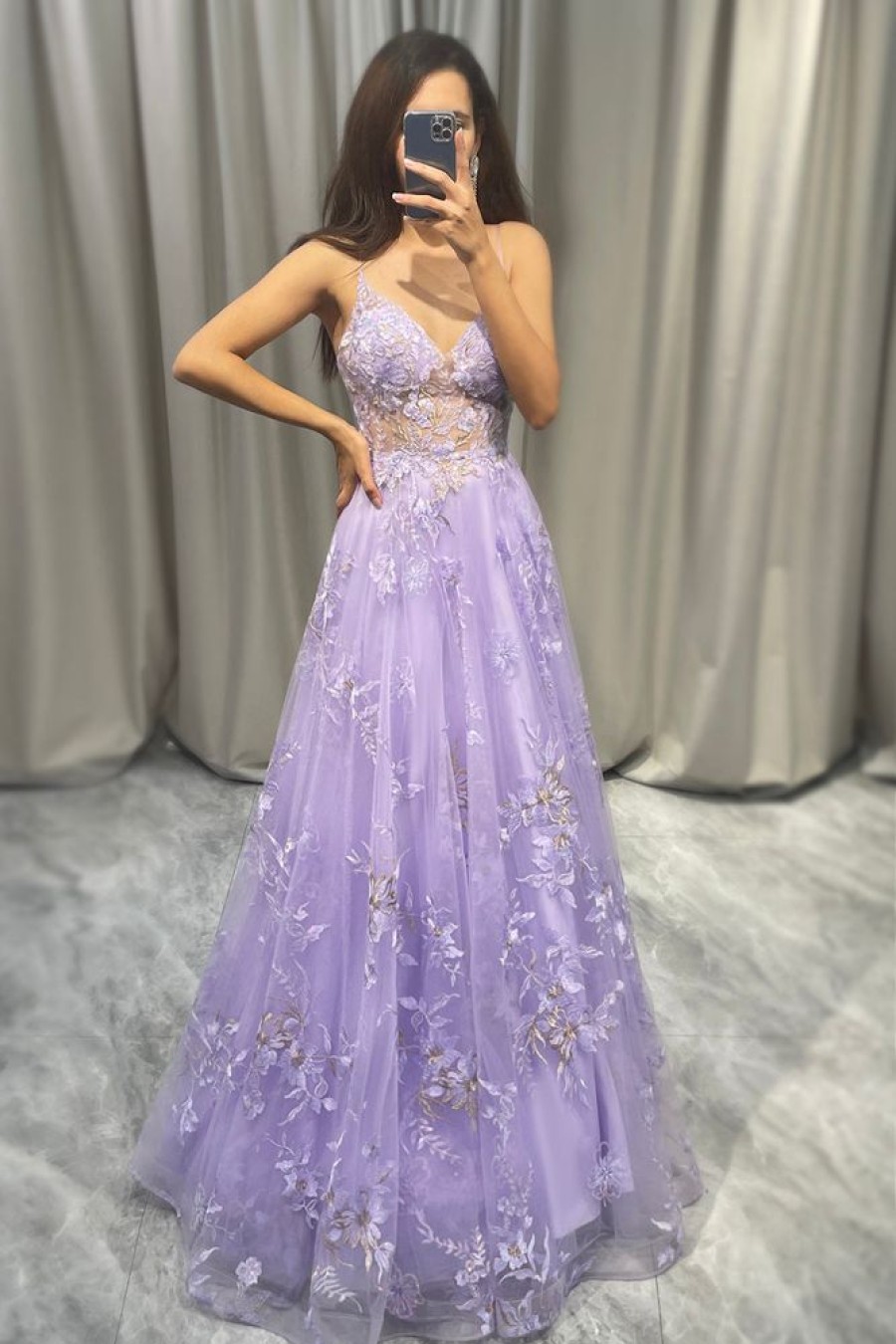 Homrain Elegant A Line Tulle Long Prom Dress With Appliques | Purple Prom Dresses